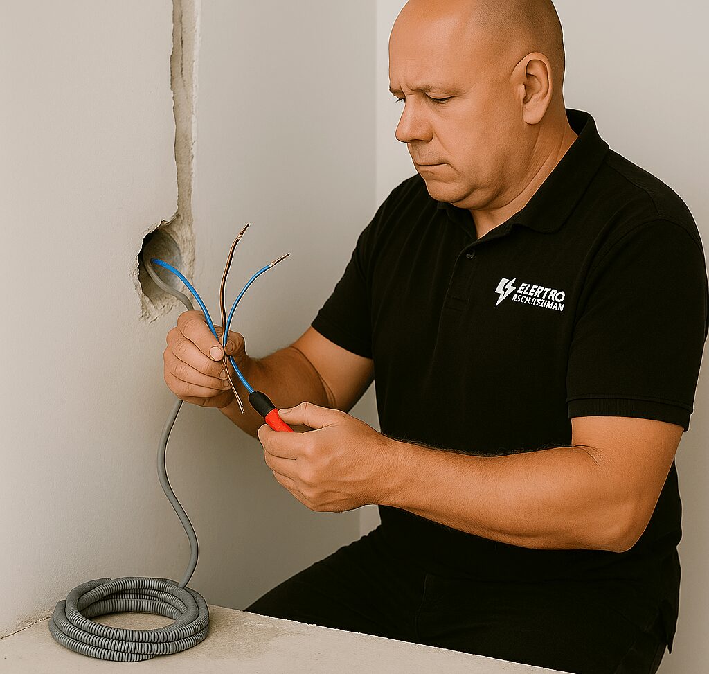 Techniker überprüft elektrische Leitungen mit einer Zange