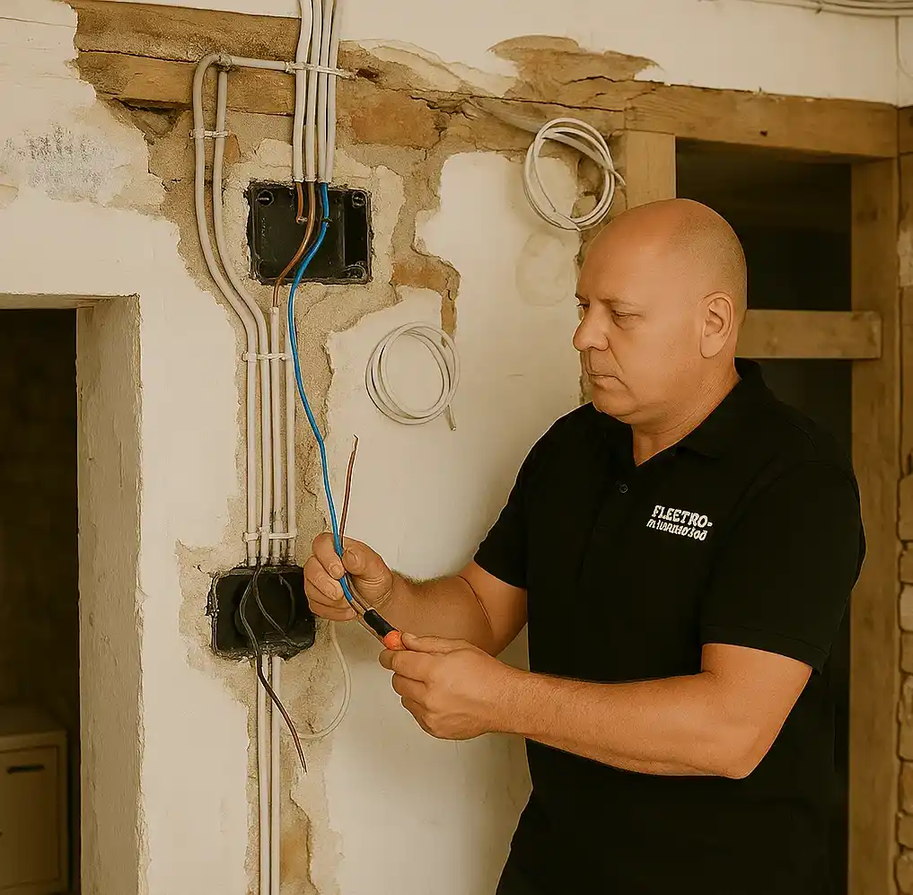 Elektriker von Elektro Zentrum hält freiliegende Kabel und arbeitet mit einer Zange an einer offenen Wandinstallation