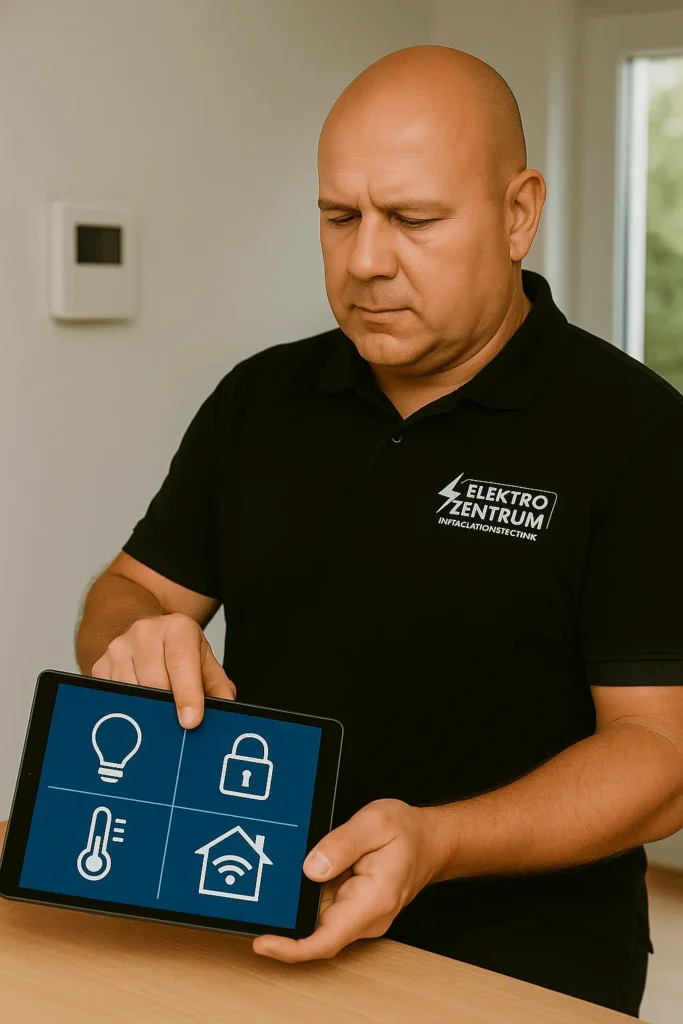 Ein Elektriker präsentiert auf einem Tablet-Bildschirm Symbole für Smart-Home-Funktionen wie Licht, Schloss, Thermometer und WLAN.