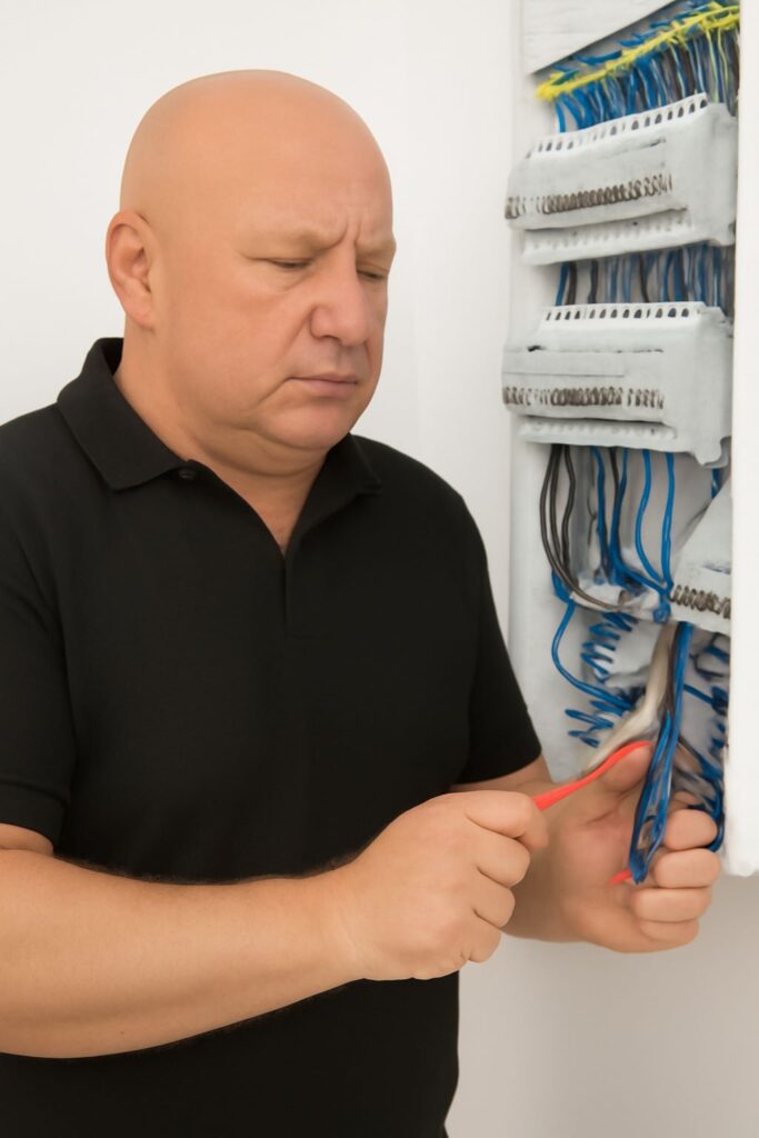 Ein Elektriker arbeitet mit einer roten Zange an den Leitungen in einem Sicherungskasten und sieht nachdenklich aus.