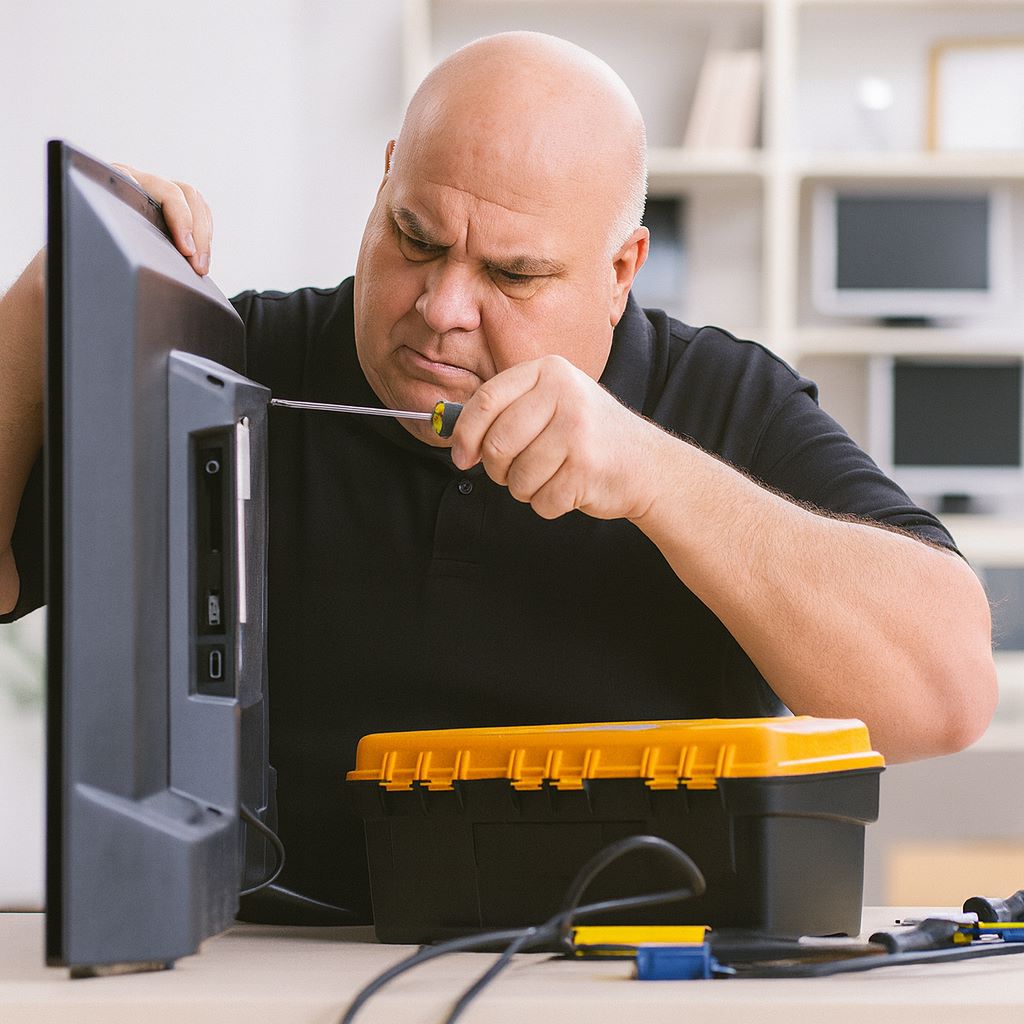 Ein Mann mit Glatze und schwarzem Polohemd repariert einen Fernseher.
