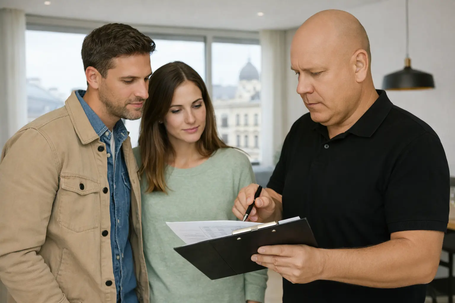 Ein Immobilienverkäufer oder Elektriker erklärt einem Paar den E-Befund anhand eines Dokuments in einer Wohnung.