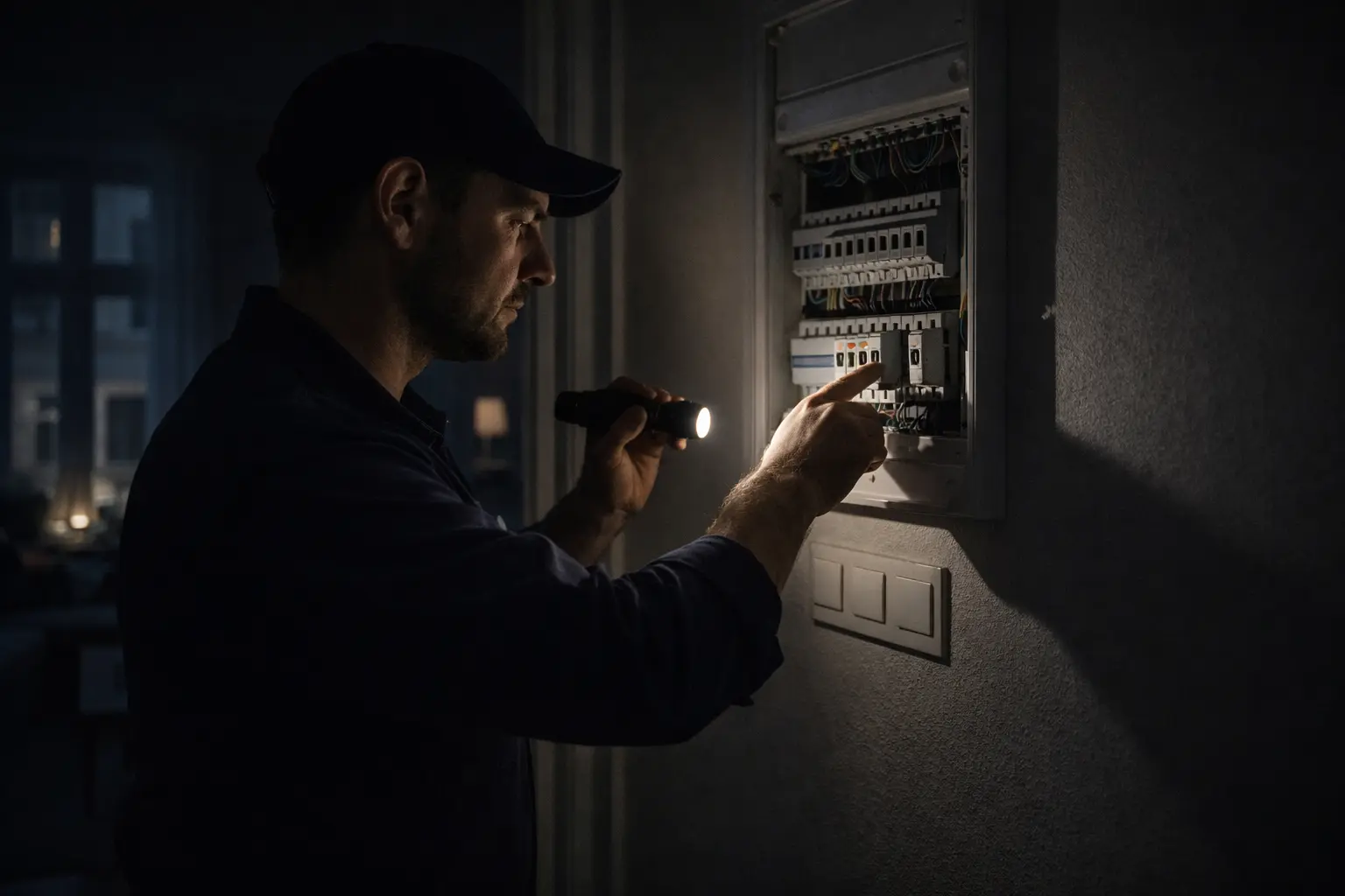 Elektriker im Notdienst in Wien überprüft bei Stromausfall einen Sicherungskasten mit Taschenlampe