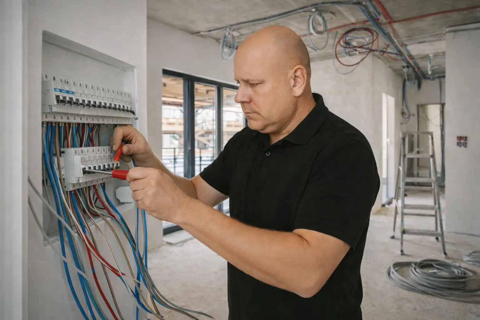 Elektriker installiert und prüft die Elektroverteilung in einem Neubau in Wien.