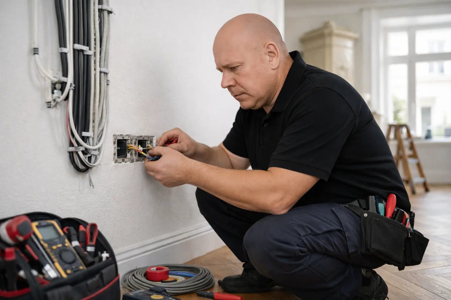 Elektriker in Wien bei der fachgerechten Installation und Prüfung von Elektrokabeln in einer Wohnung