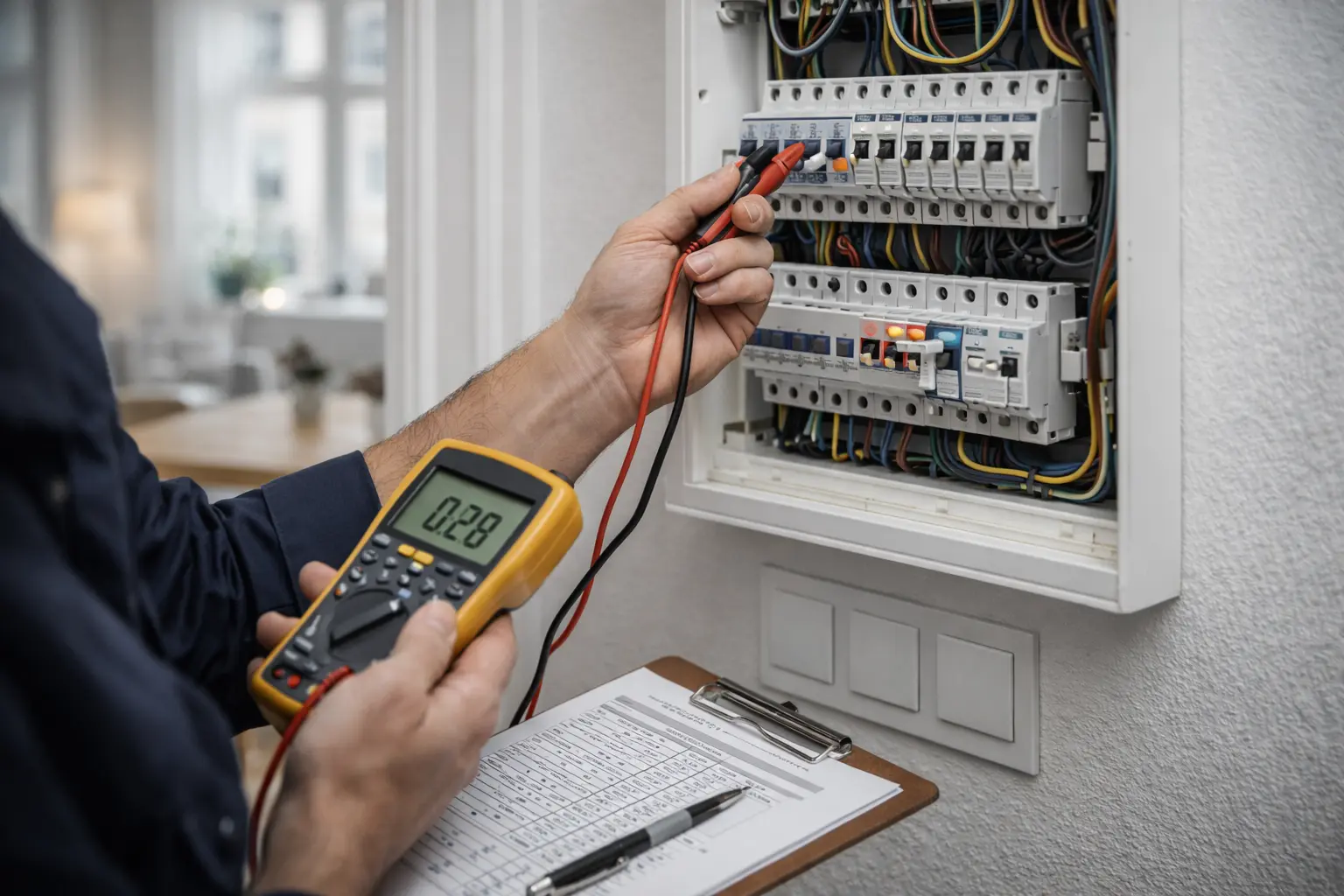Elektriker prüft Sicherungskasten mit Messgerät für einen professionellen Elektrobefund