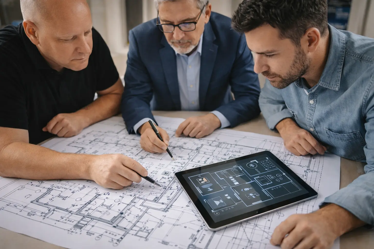 Elektriker, Architekt und Bauherr besprechen anhand von Bauplänen und Tablet die moderne Elektroplanung eines Gebäudes.